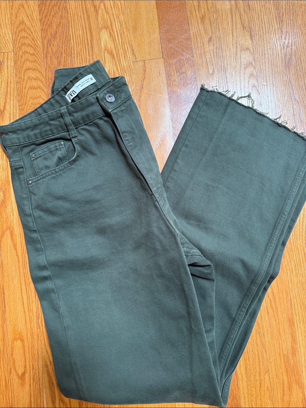 Zara Dark Olive Wide-Leg Raw-Hem Jeans